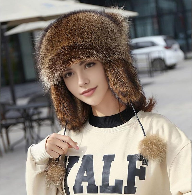 YJKIS Women Faux Fur Raccoon Tail Plush Hat Warm Winter Ear Protection Trapper Hat - Image 5